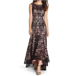 Eliza j velvet lace sleeveless hi low gown dress